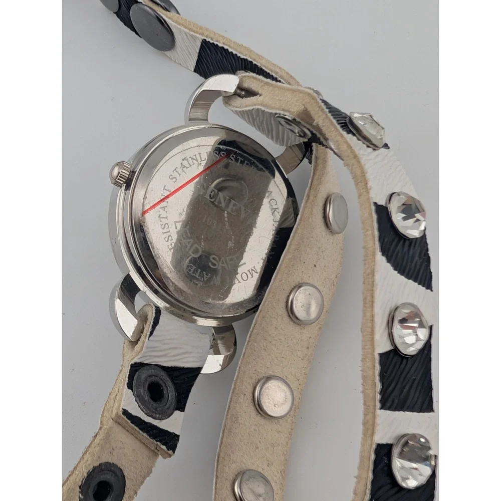 Geneva Zebra Wrap Watch 28mm Case Crystal Bezel MOP Dial- New Battery